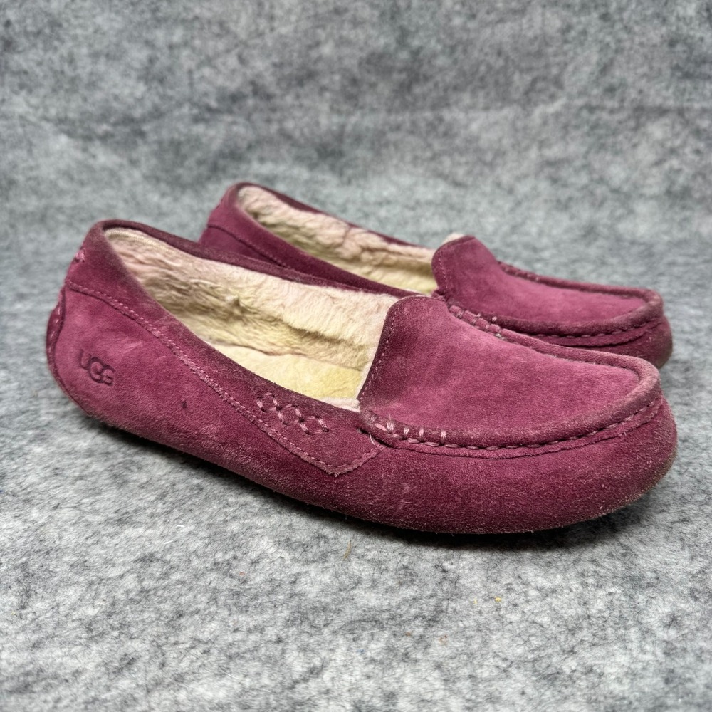 UGG Womens Ansley Wool Suede Slippers Size 8 Moccasins Wool Sherpa Purple Pink